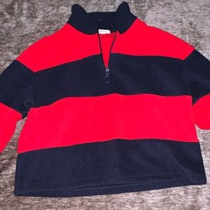 Red and dark blue cropped half zip sweater